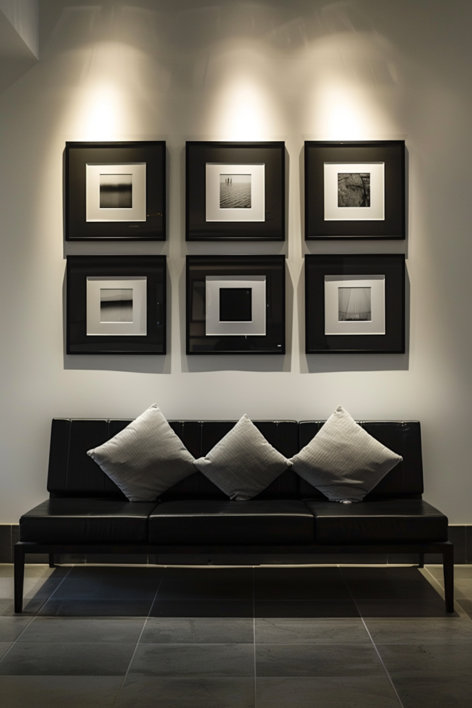 A minimalist black couch is sitting in front of a wall of framed pictures.