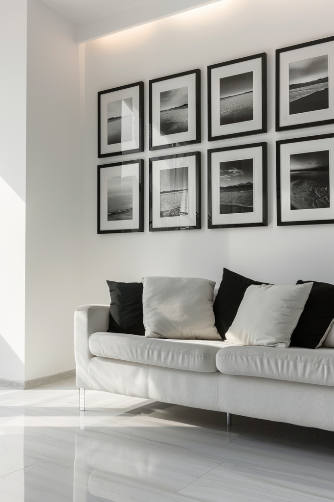 A white living room with minimalistic wall decor.