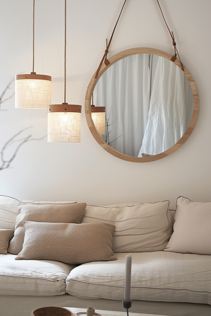 A round mirror hangs above a couch in a minimalist living room.