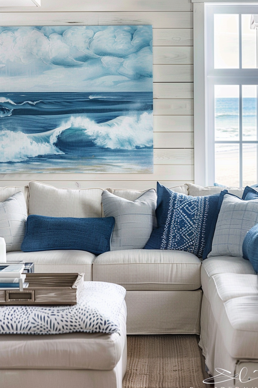A blue and white living room with a large showcase painting on the wall.