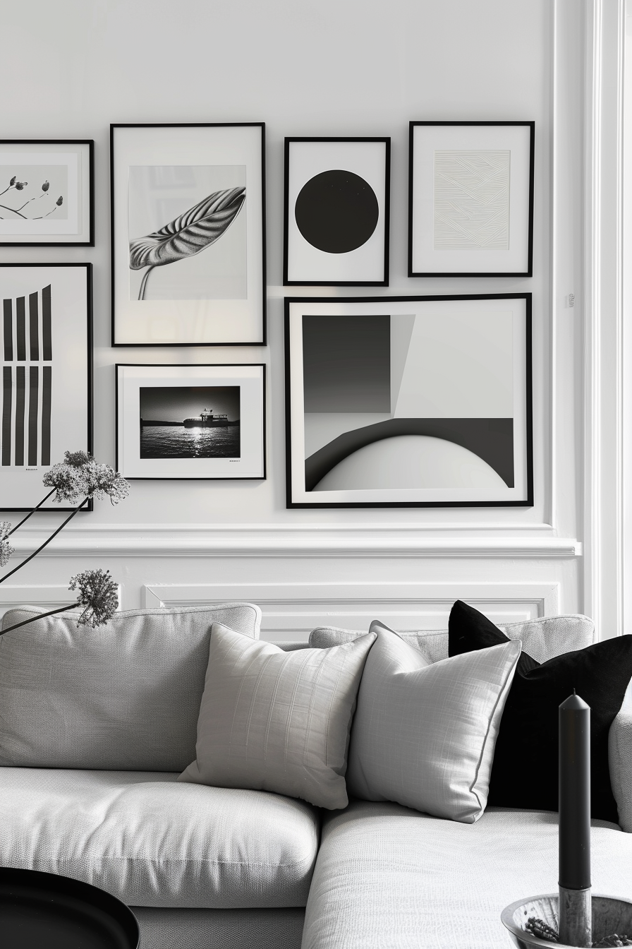 A black and white living room showcasing creativity with framed pictures as over-the-couch wall decor.
