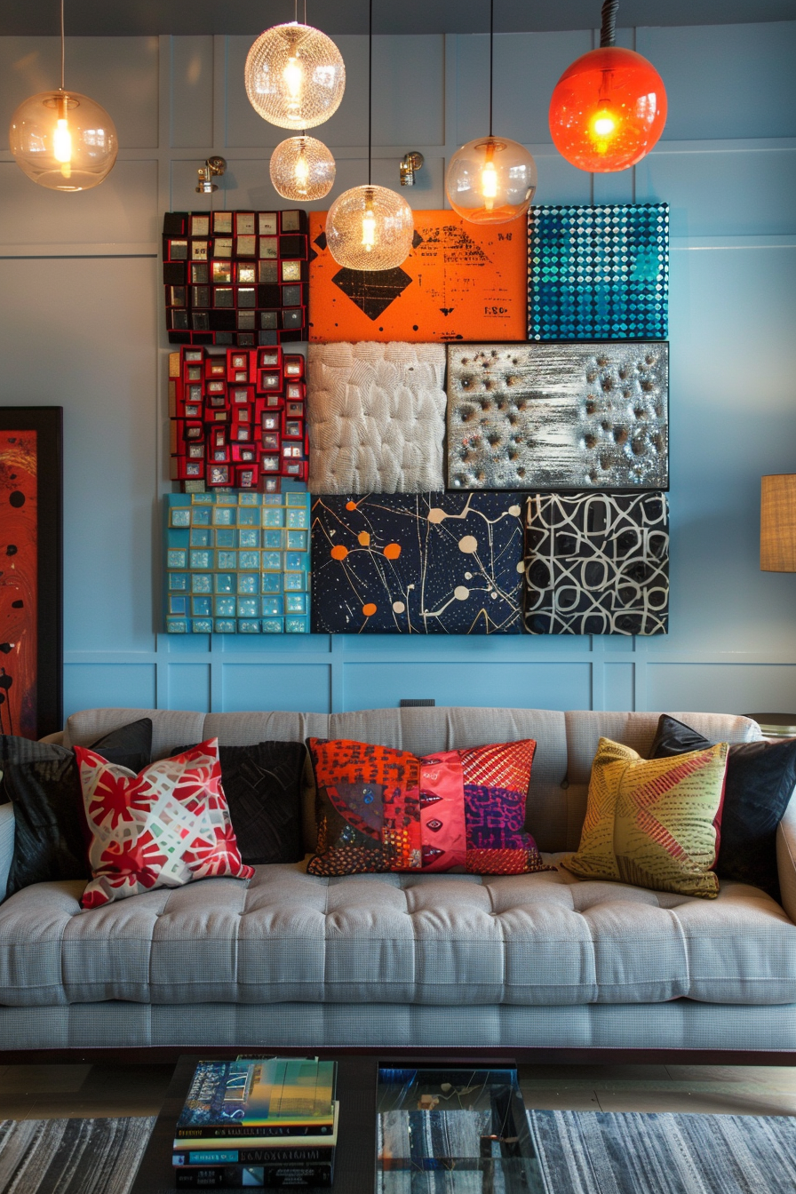 A gray couch in a living room filled with creative wall decor.