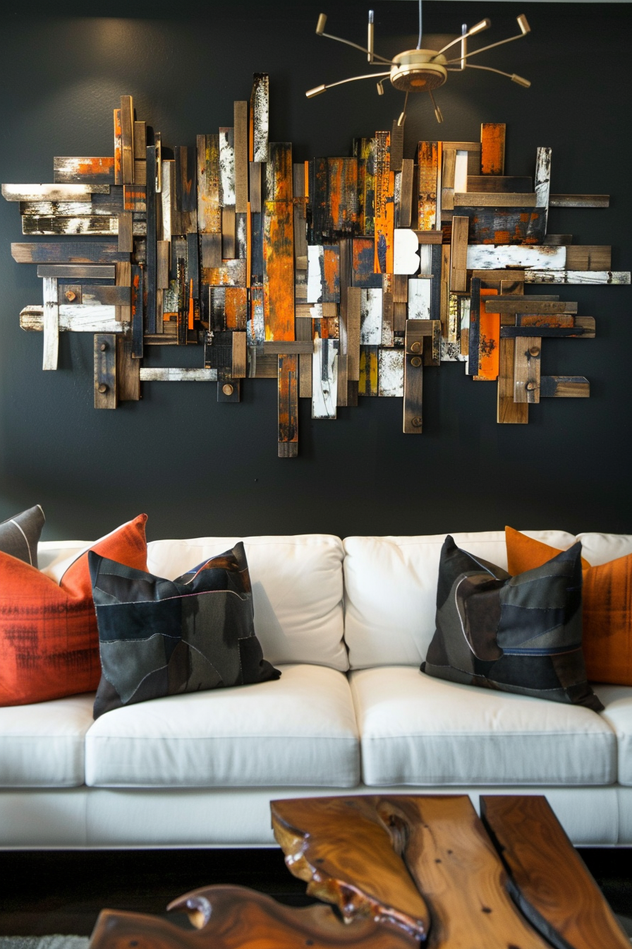A living room with over-the-couch wall decor featuring an orange couch and wooden art pieces showcasing creativity.