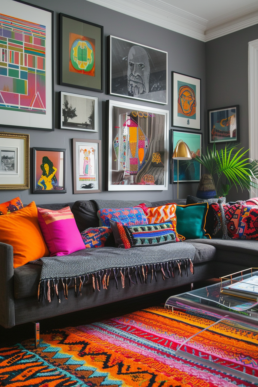 A colorful rug adding creativity to the living room.