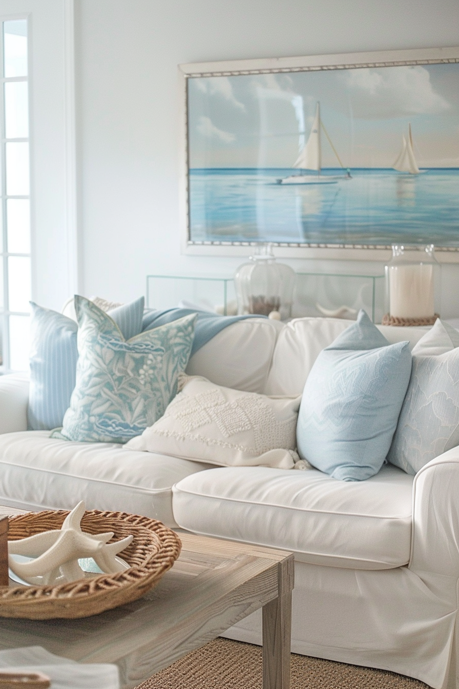 A living room with a showcase white couch and blue pillows.