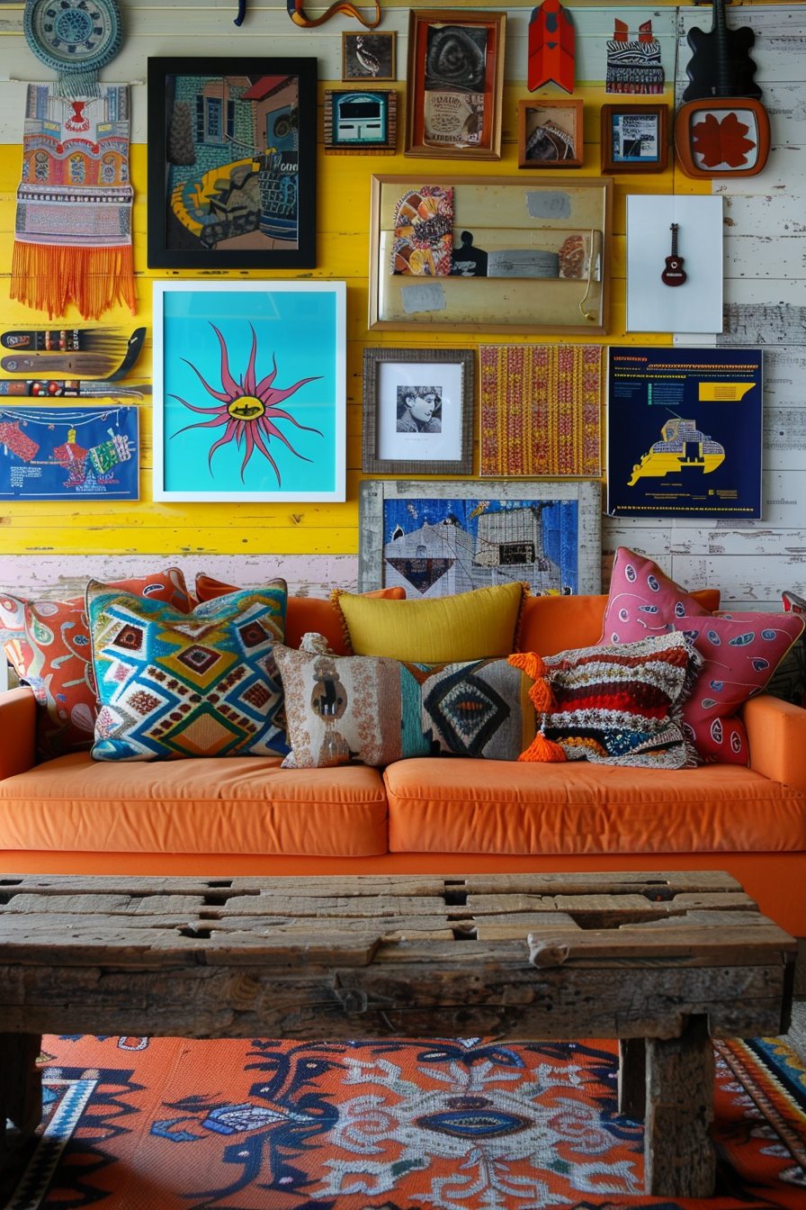 An orange couch in a living room with creative over-the-couch wall decor.