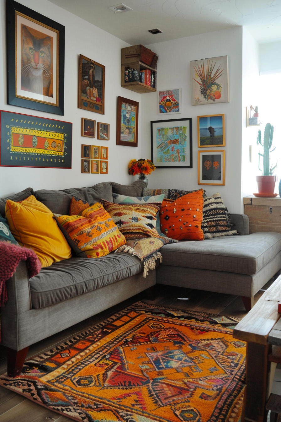 A gray couch in a creatively decorated living room.