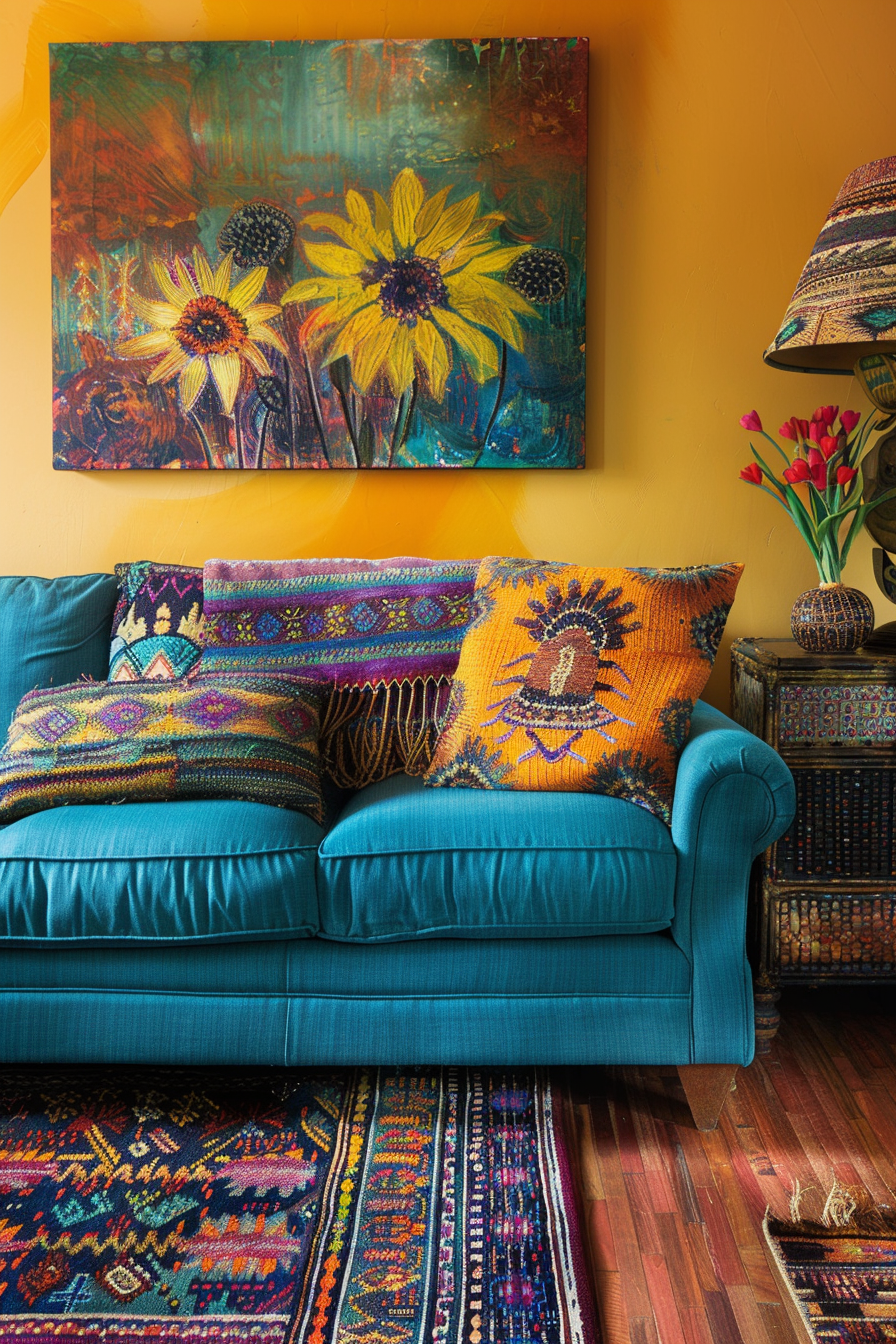 A living room with a blue couch and a colorful rug, showcasing creativity.