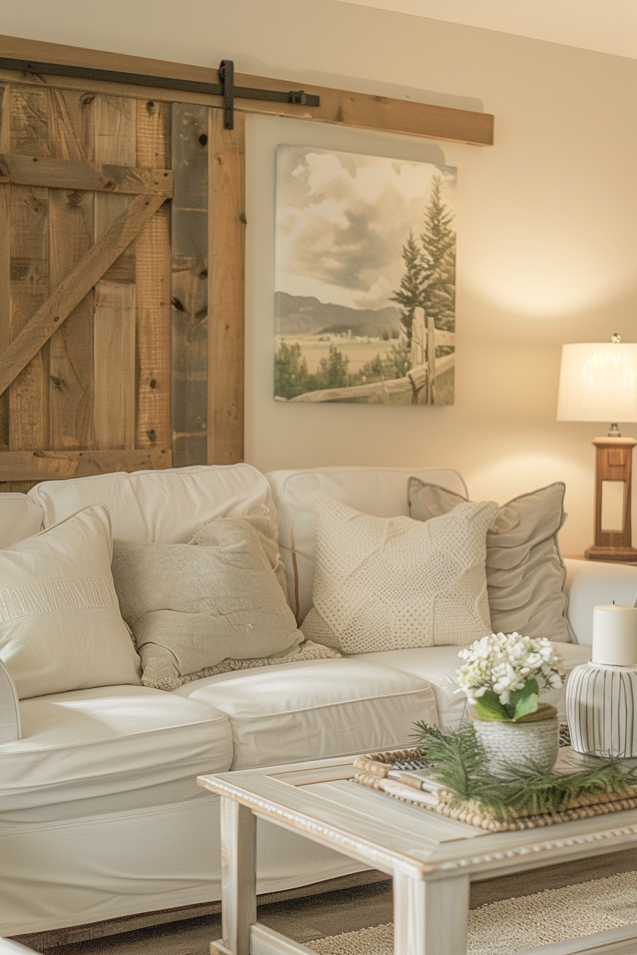 A white living room with a barn door and Over-the-Couch wall decor.