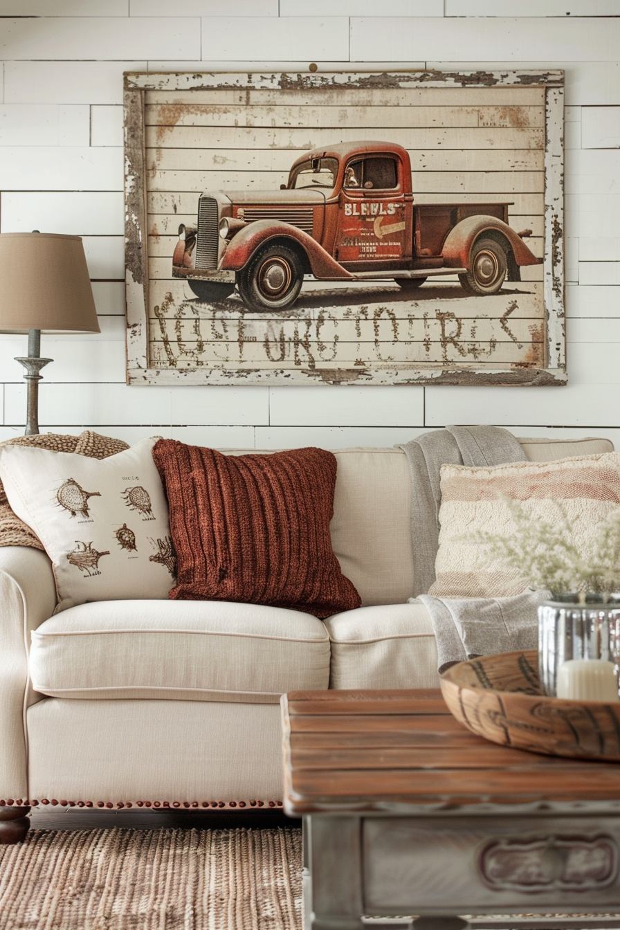A living room with creative wall decor featuring an old truck.