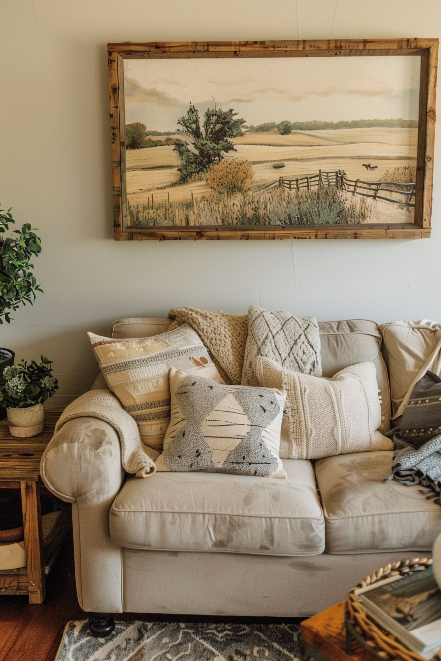 A living room with a couch and a framed painting for wall decor.