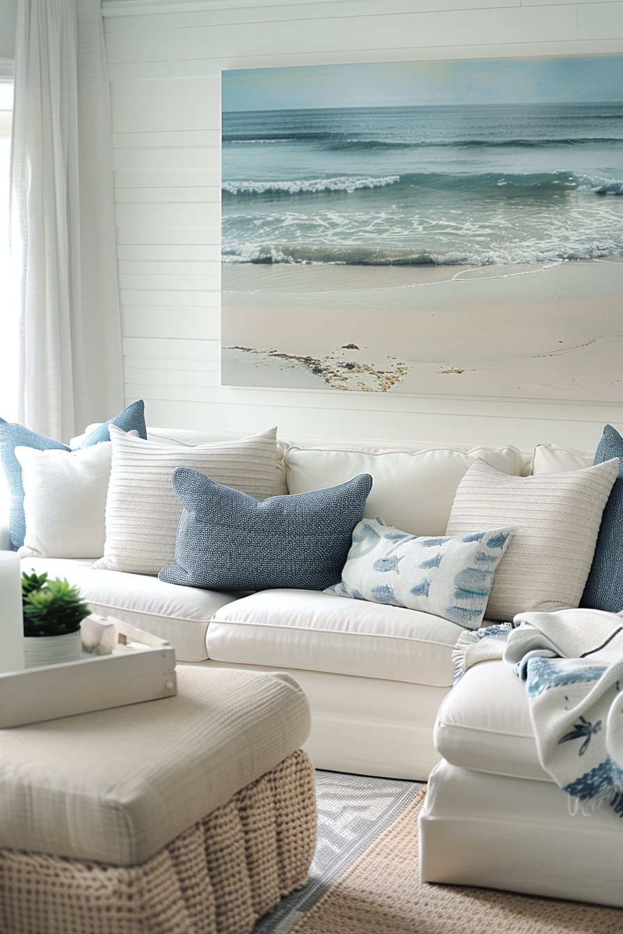 A living room with a white couch adorned with blue pillows for a pop of color.