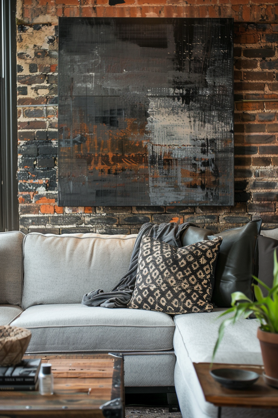 A couch in a living room with a painting on the wall for wall decor.