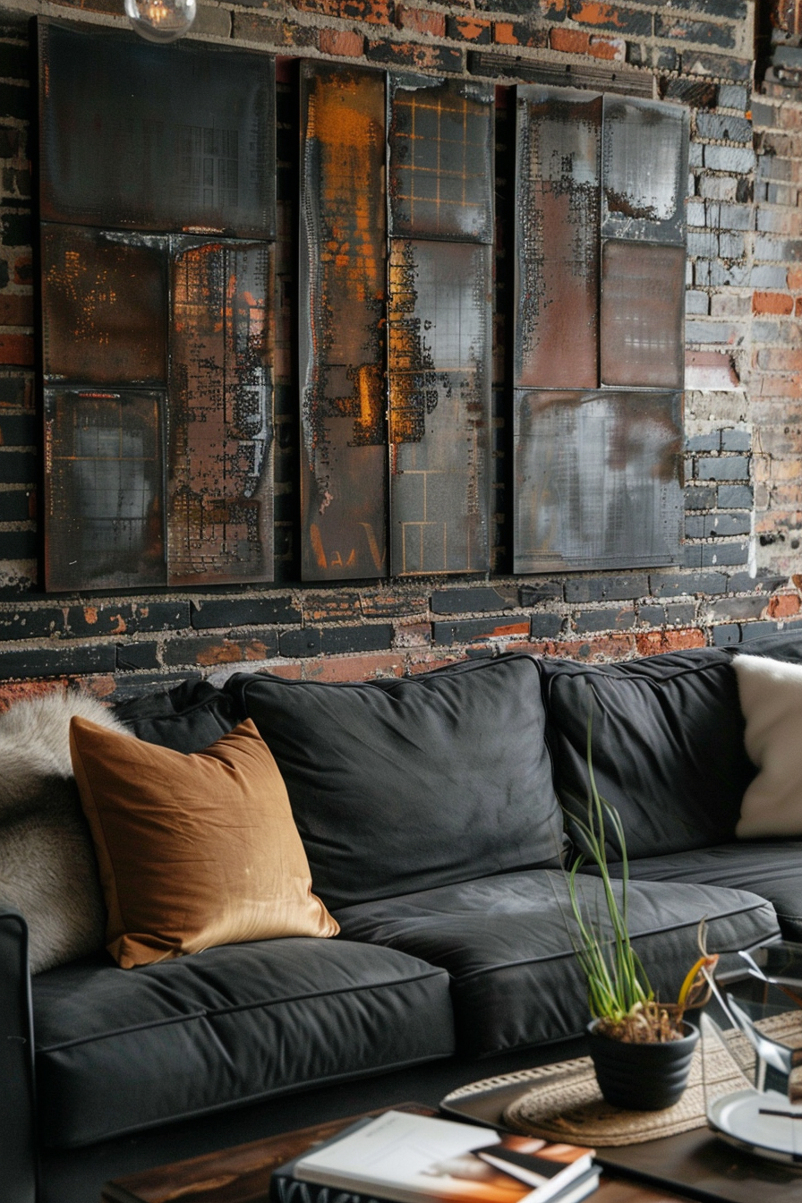 A living room with a black couch and a coffee table featuring Over-the-Couch Wall Decor.