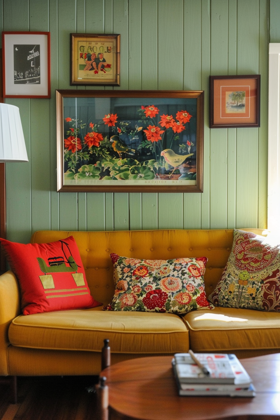 A living room with creatively decorated green walls and a bright yellow couch.