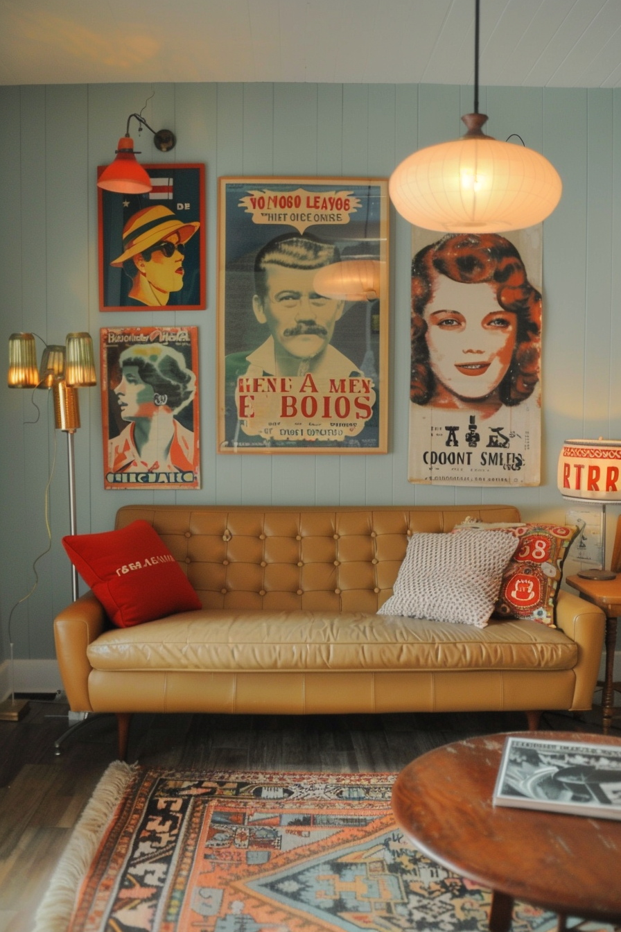 A living room with many posters on the over-the-couch wall decor.