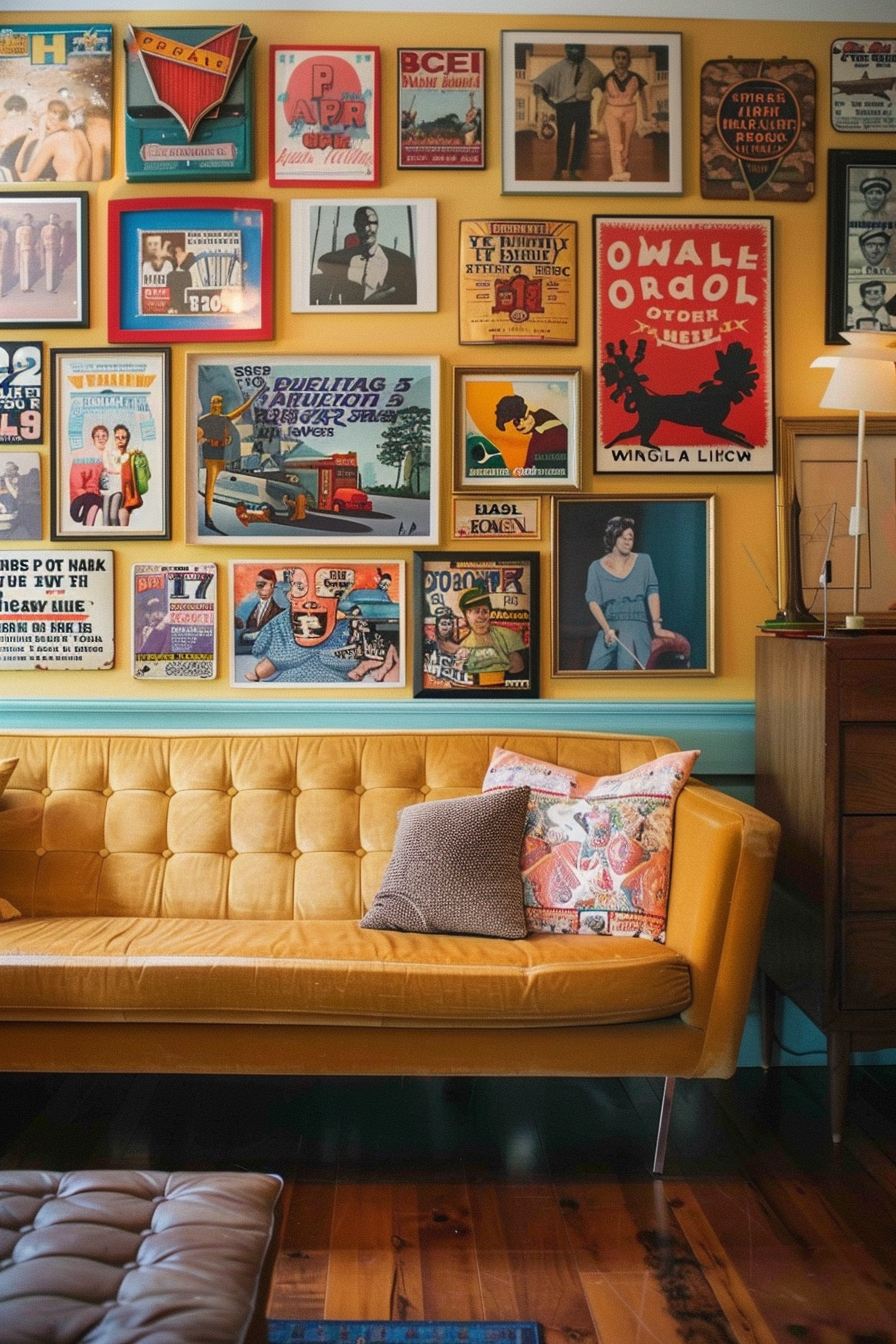 A yellow couch in front of a showcase full of posters showcasing creativity.
