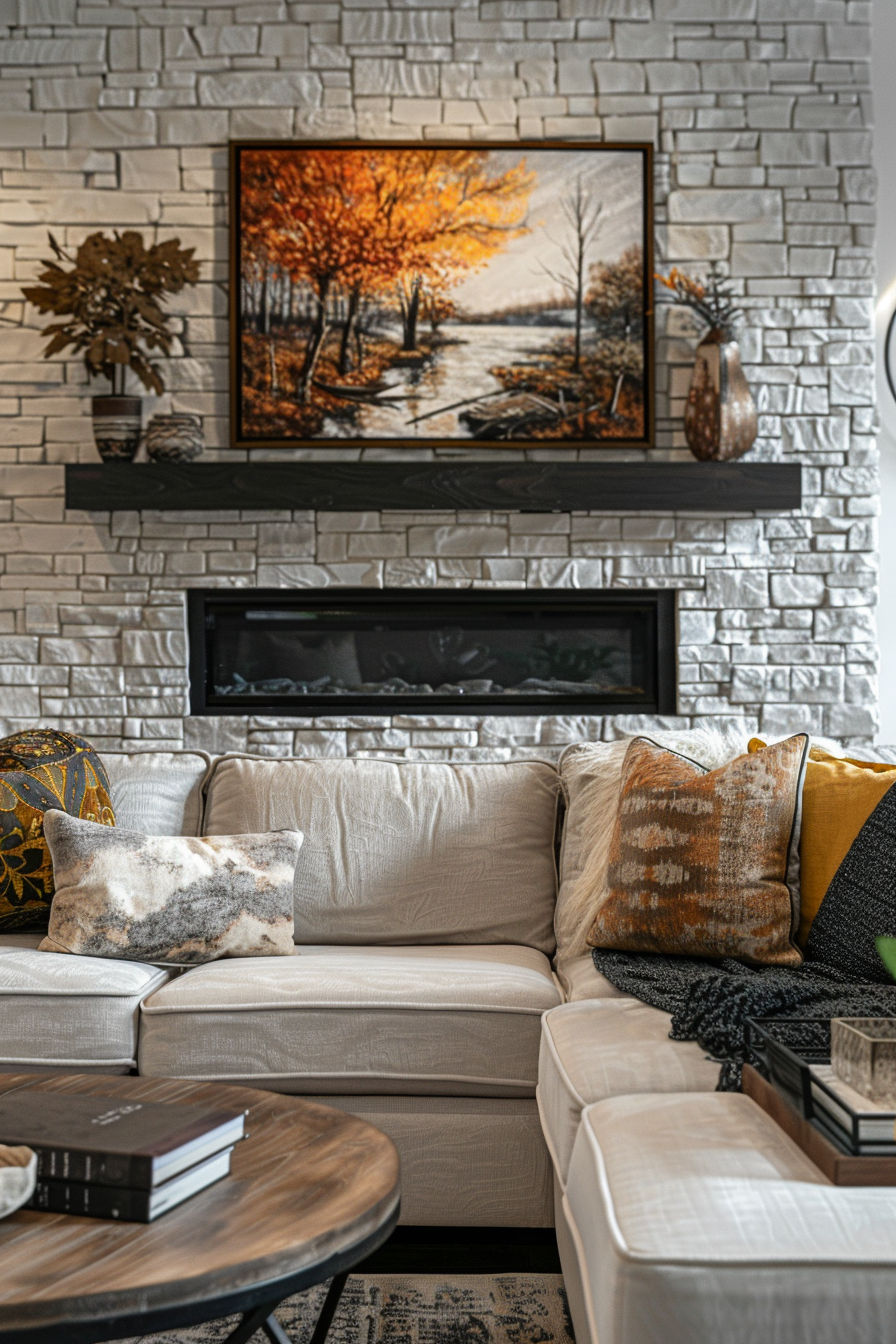 A living room with a cozy fireplace and stylish wall decor.