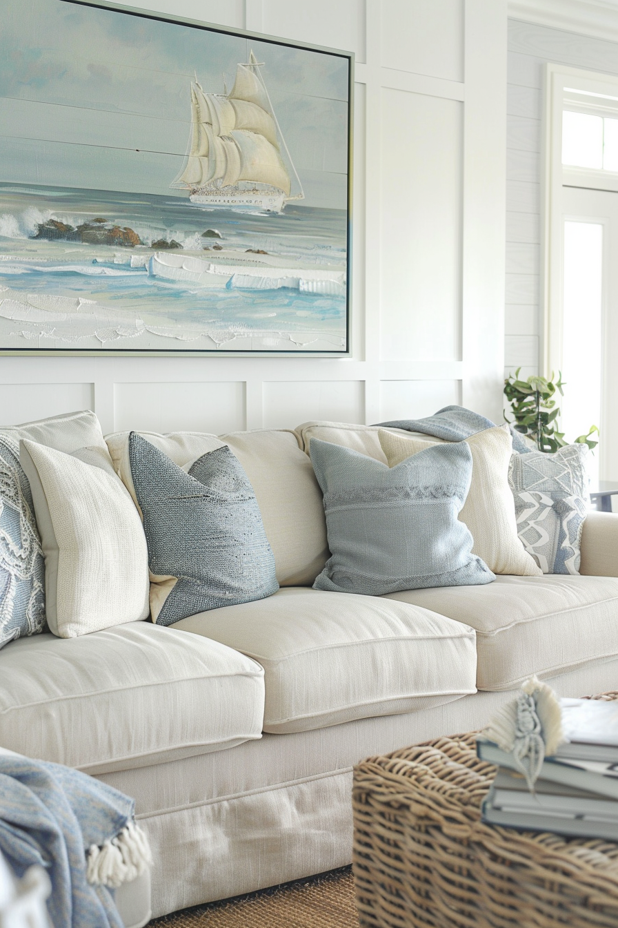 A living room with a white couch adorned with bright blue pillows.