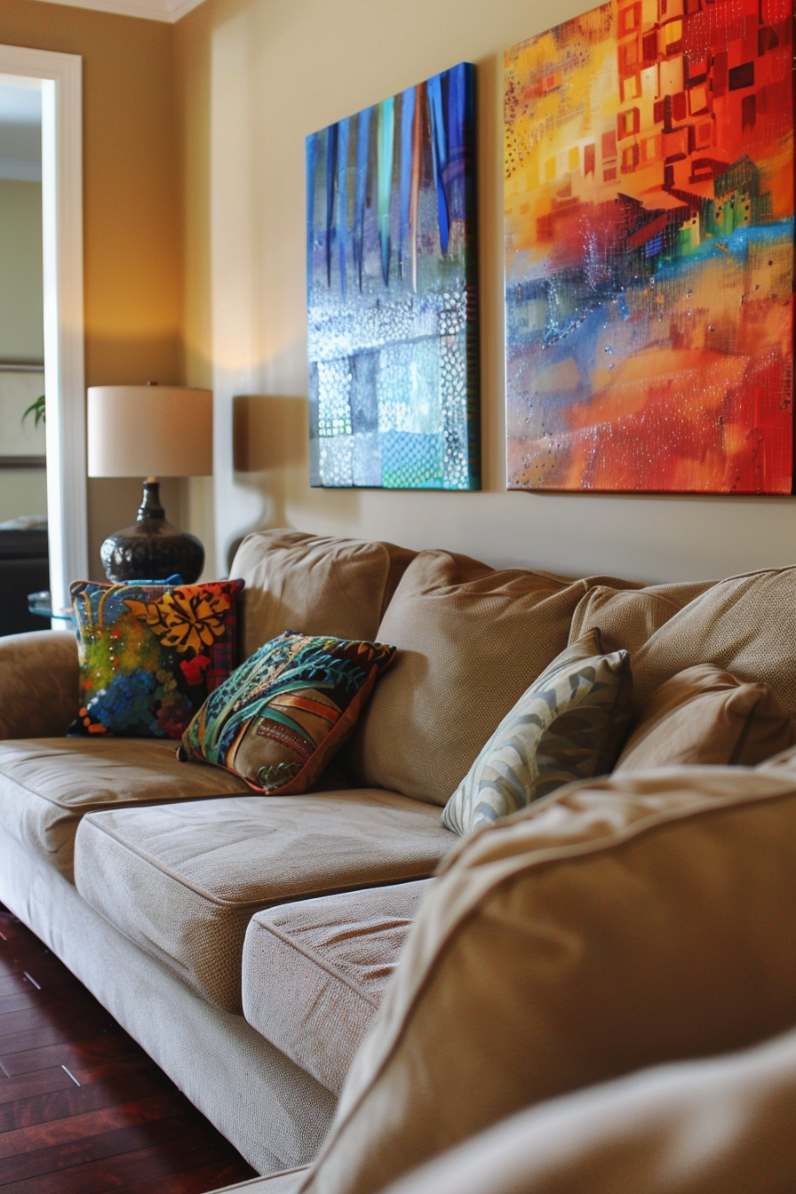 A beige couch in a creatively decorated living room.
