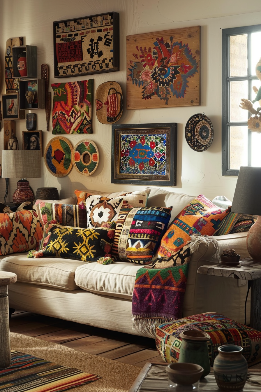 A couch in a living room with Over-the-Couch Wall Decor.
