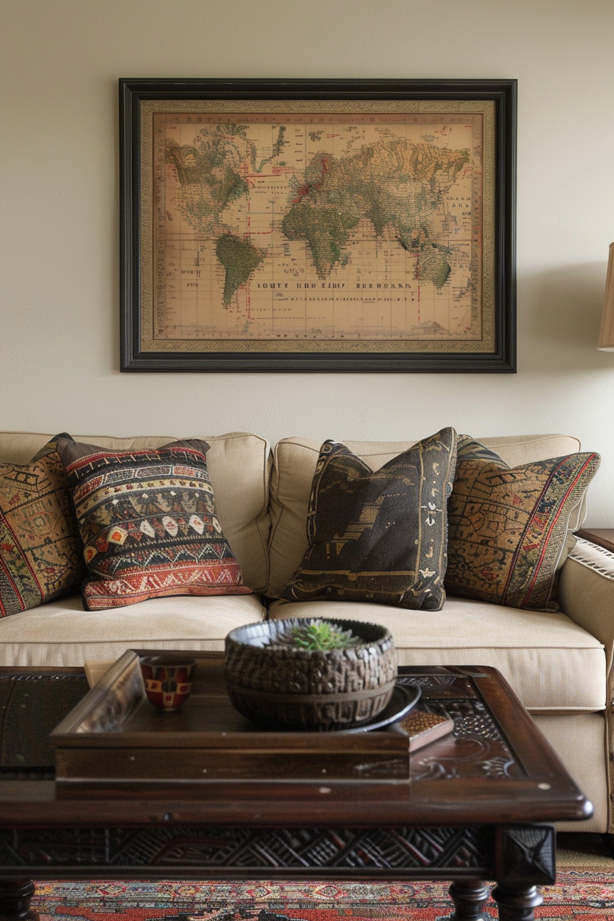A brown couch in a living room with Over-the-Couch Wall Decor.
