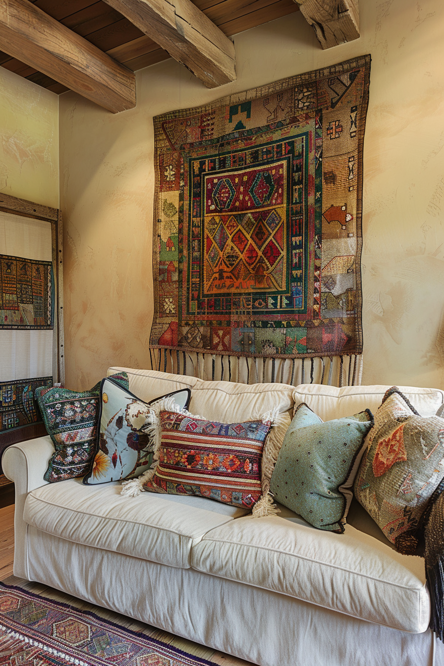 A white couch in a living room with a rug as a showcase.