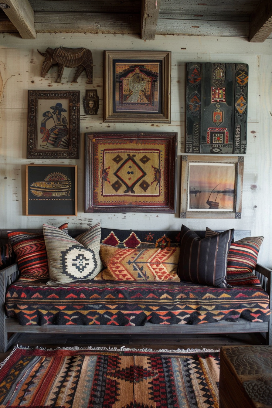 A living room with a couch and a southwestern rug showcased as wall decor.