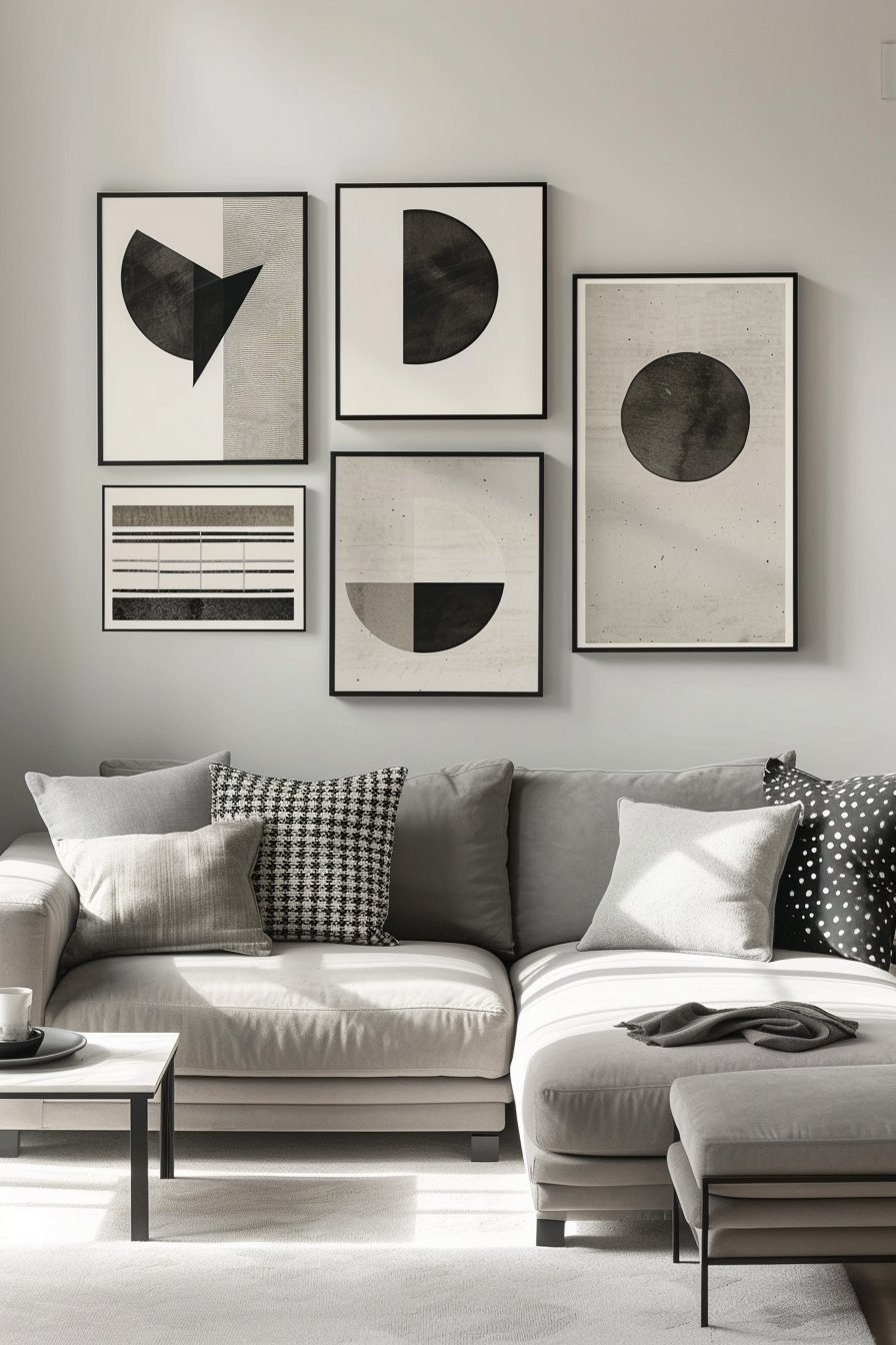 A living room showcasing black and white art on the wall.