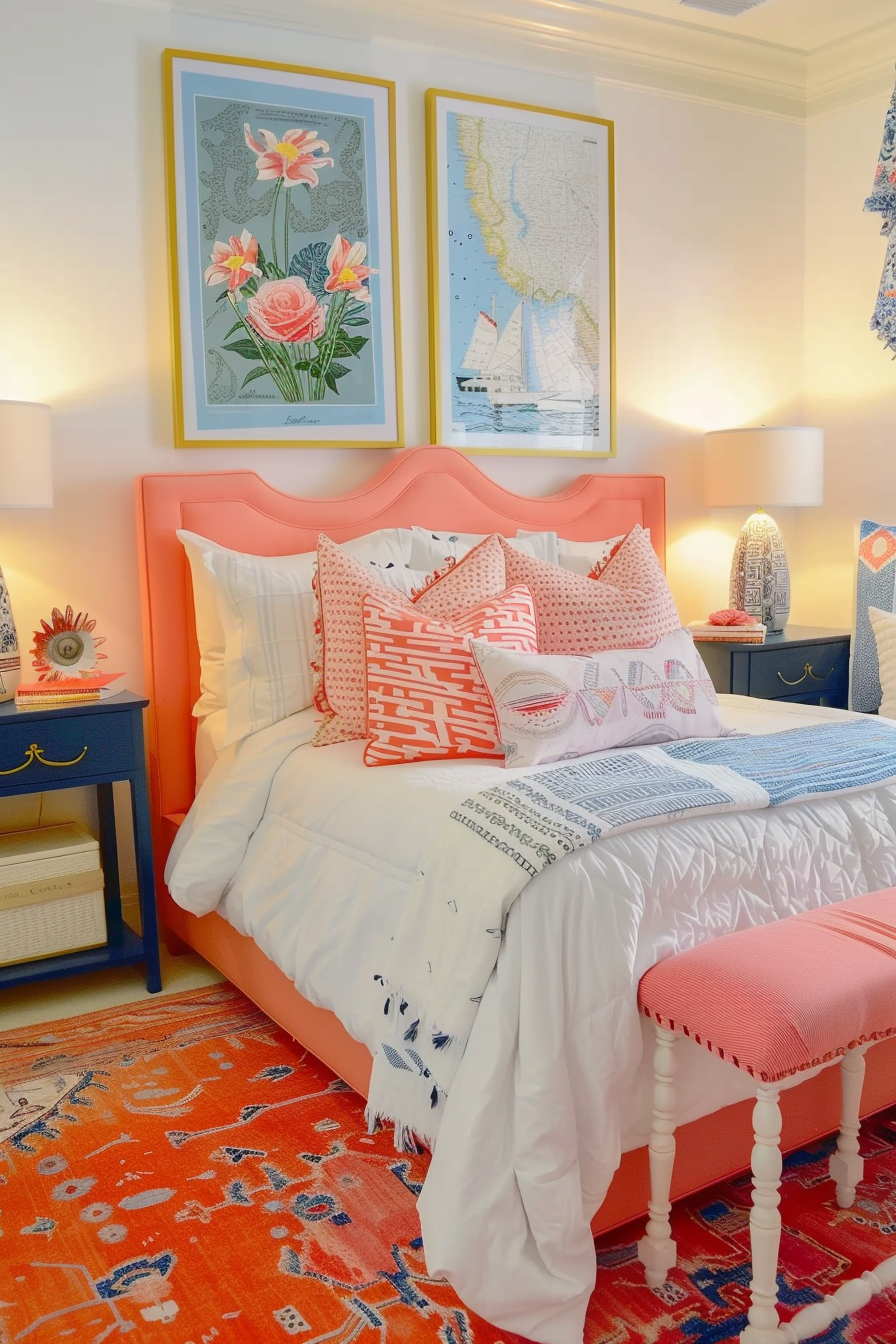 Bright bedroom with coral headboard, white and patterned bedding, blue nightstands, decorative floral art, and a nautical map.