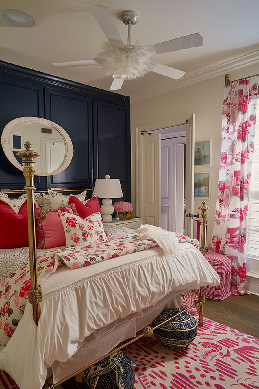 Elegant bedroom with brass bed frame, pink and floral bedding, dark blue wainscoting, and a decorative ceiling fan.