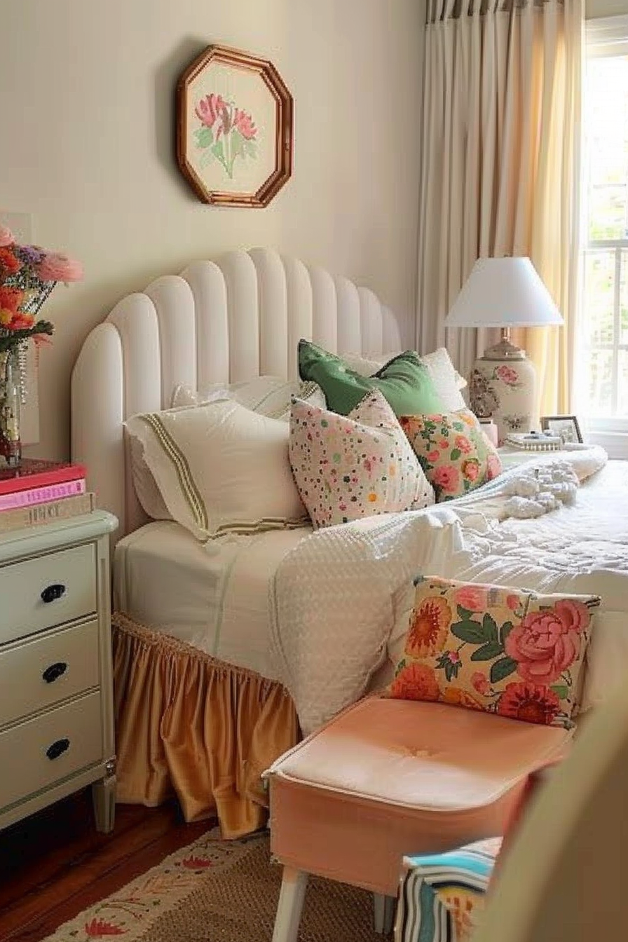 Cozy bedroom interior with a white scalloped headboard, floral patterned pillows, bedside lamp, and framed flower art on the wall.