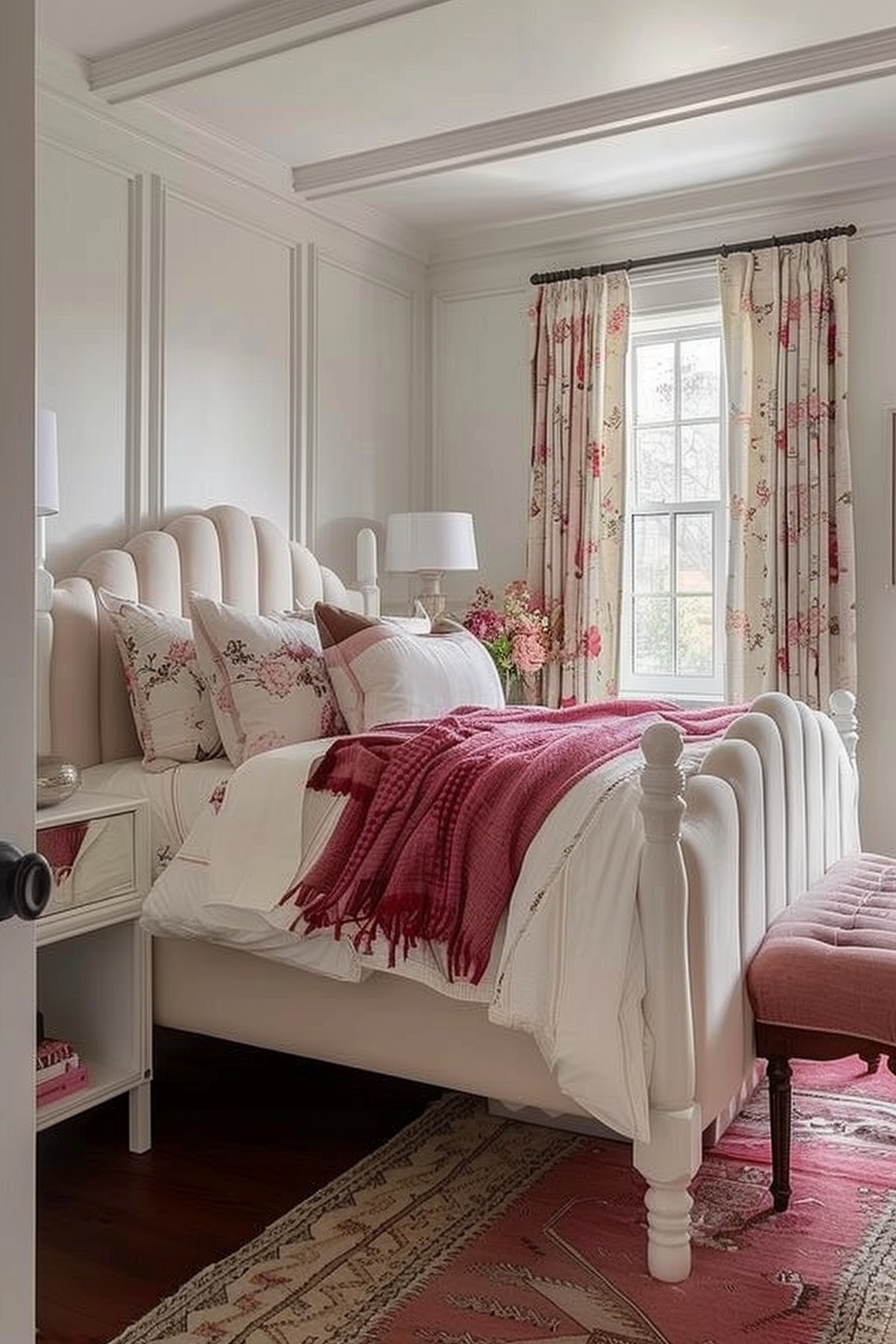 Cozy bedroom with white tufted headboard, red and white patterned curtains, matching bedding accents, and a red throw blanket.