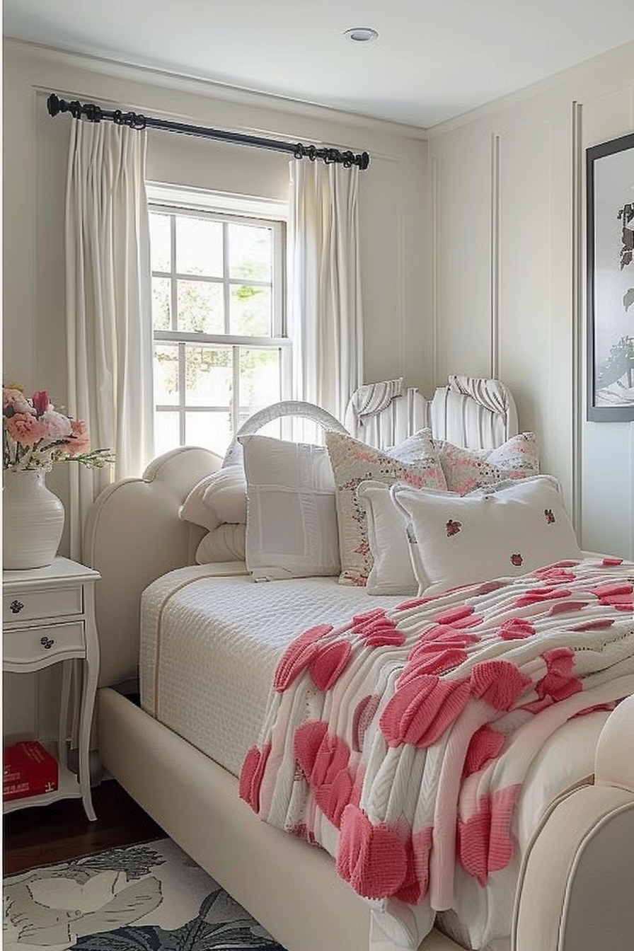 Cozy bedroom interior with white and pink bedding, floral patterned rug, and a window with cream curtains.