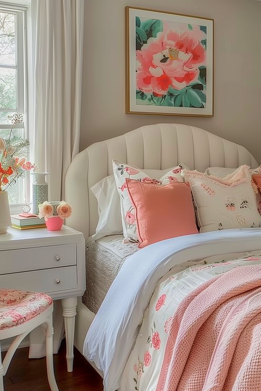A cozy bedroom corner with a tufted headboard, a floral painting, pastel-colored bedding, and a bedside table with flowers and a lamp.
