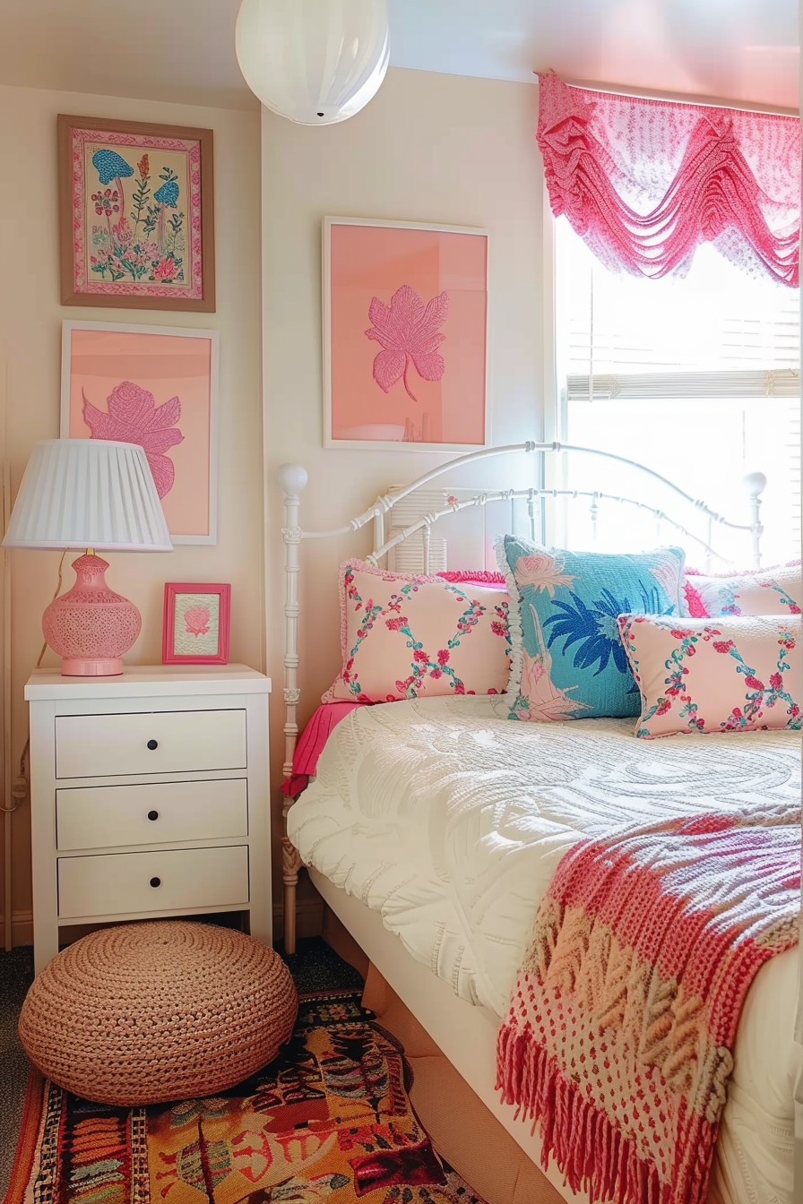 A cozy bedroom with pink and white decor, floral art prints, a fringed window valance, and patterned pillows on a white bed.