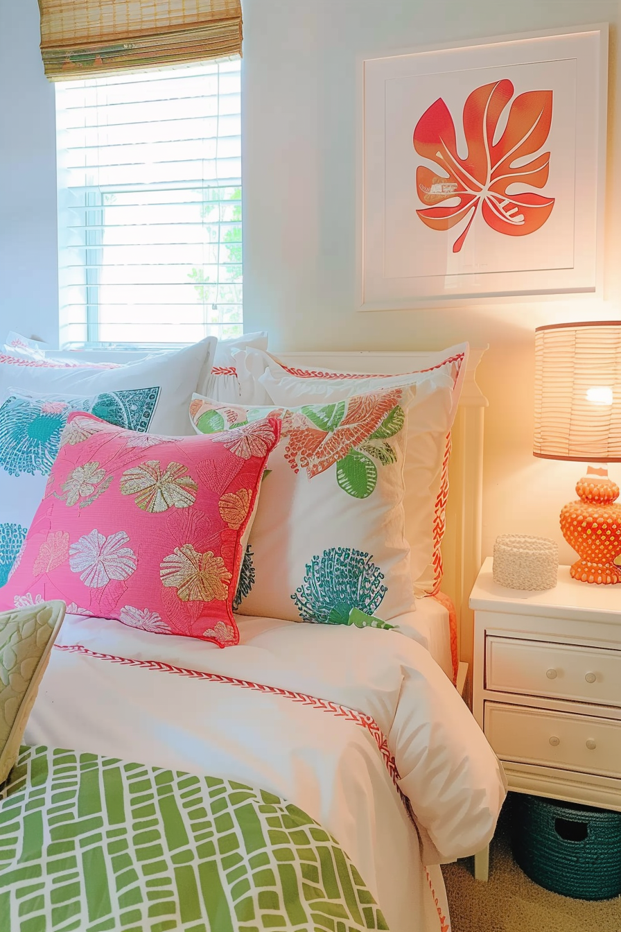 Bright bedroom with a tropical theme, white furniture, colorful pillows, and a large red leaf art piece above the bed.