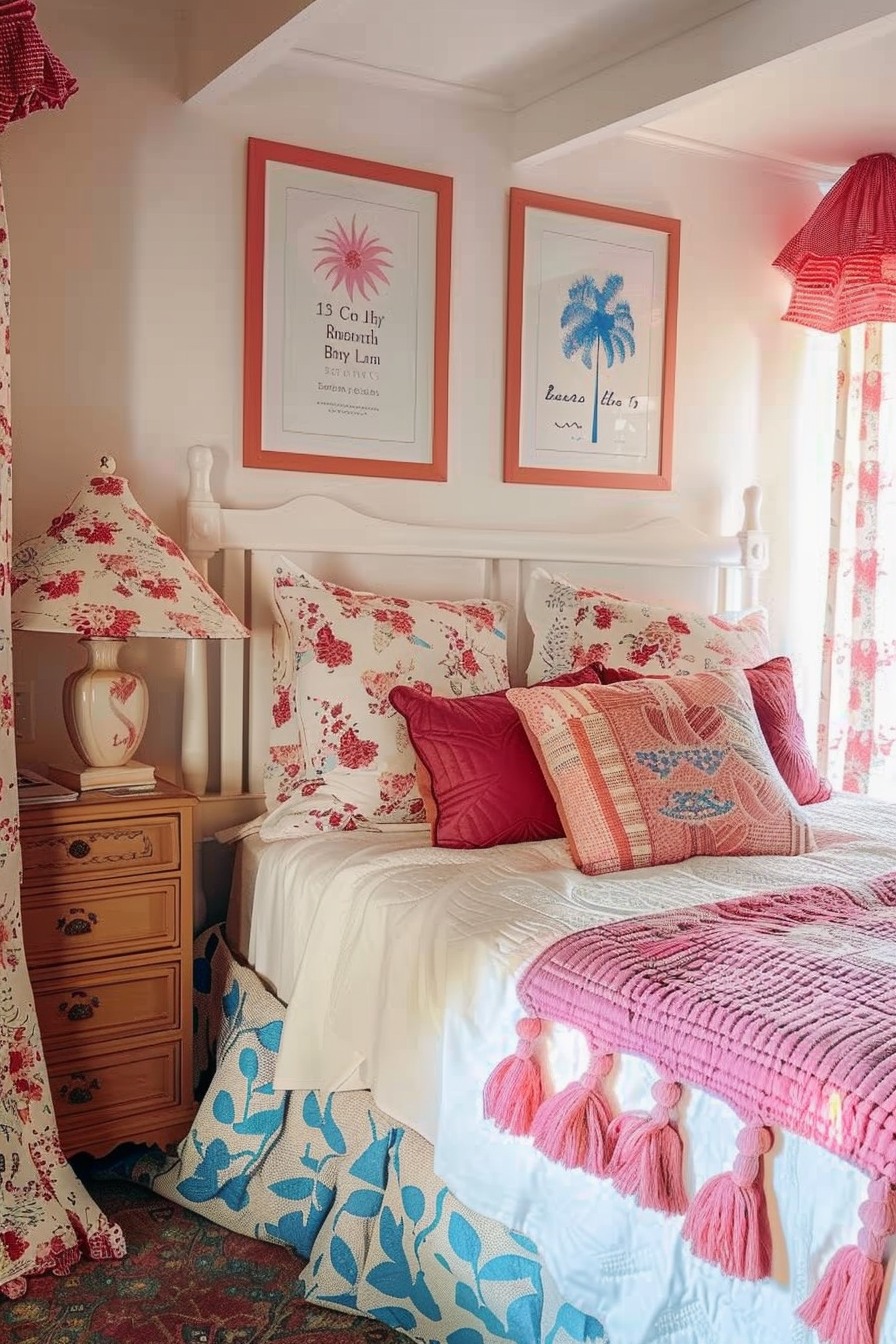 Cozy bedroom with floral bedding, coral and blue accents, framed botanical prints, and a pink tasseled throw.