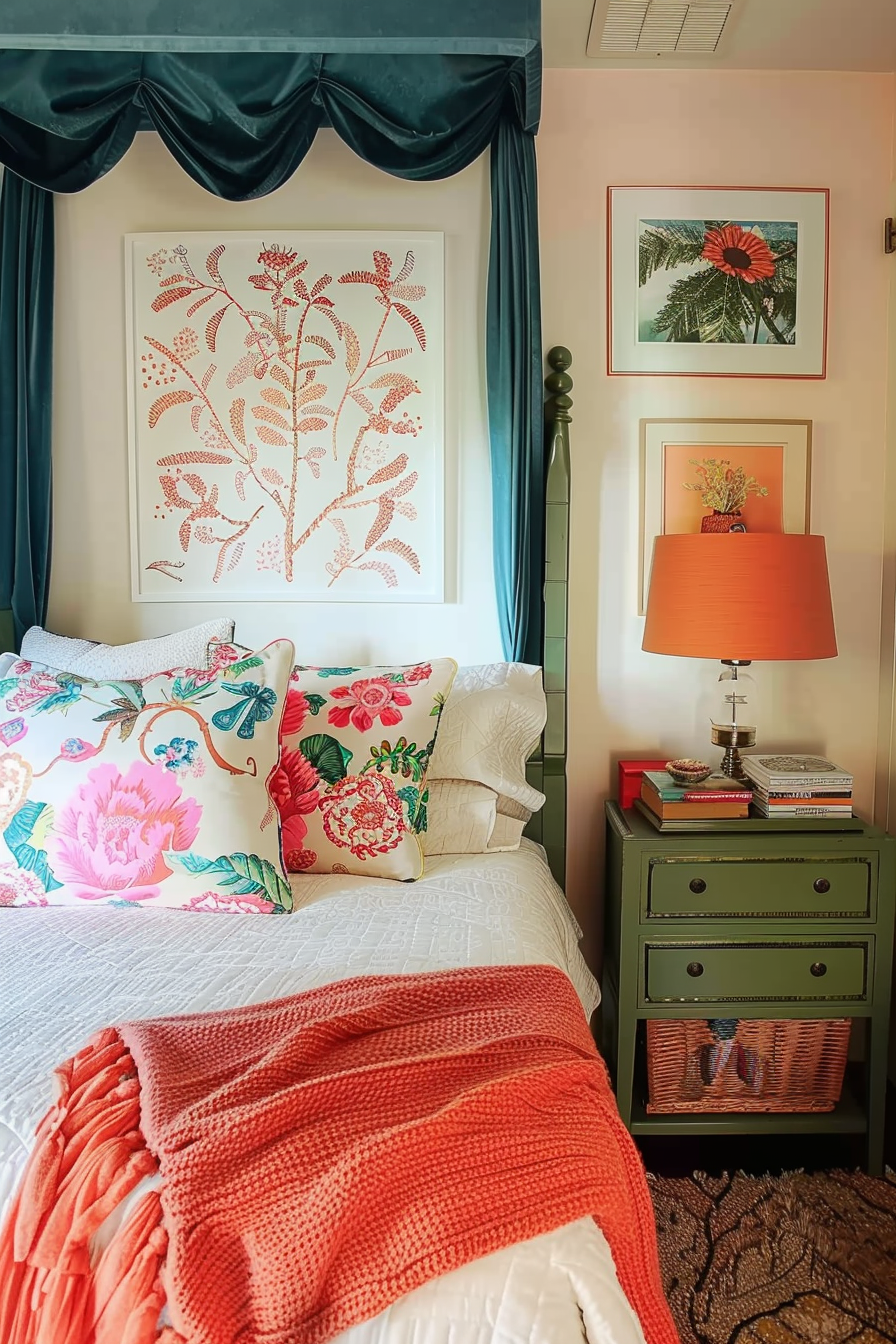 Cozy bedroom with floral pillows, white bedding, coral throw blanket, green nightstand with orange lamp, and botanical art.