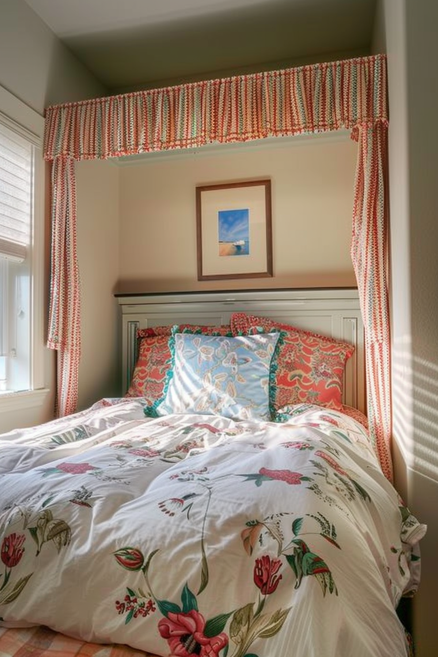 A cozy bedroom nook with patterned bedding and curtains, framed artwork above the bed, and sunlight coming through the window.