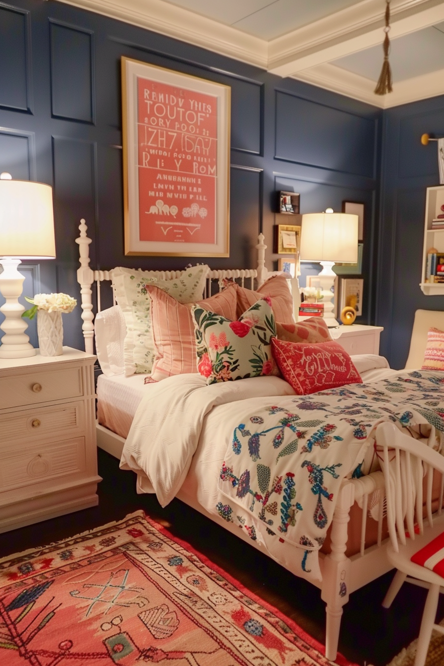 A cozy bedroom with a white bed, patterned bedding, a variety of decorative pillows, and a framed poster on a navy blue wall.