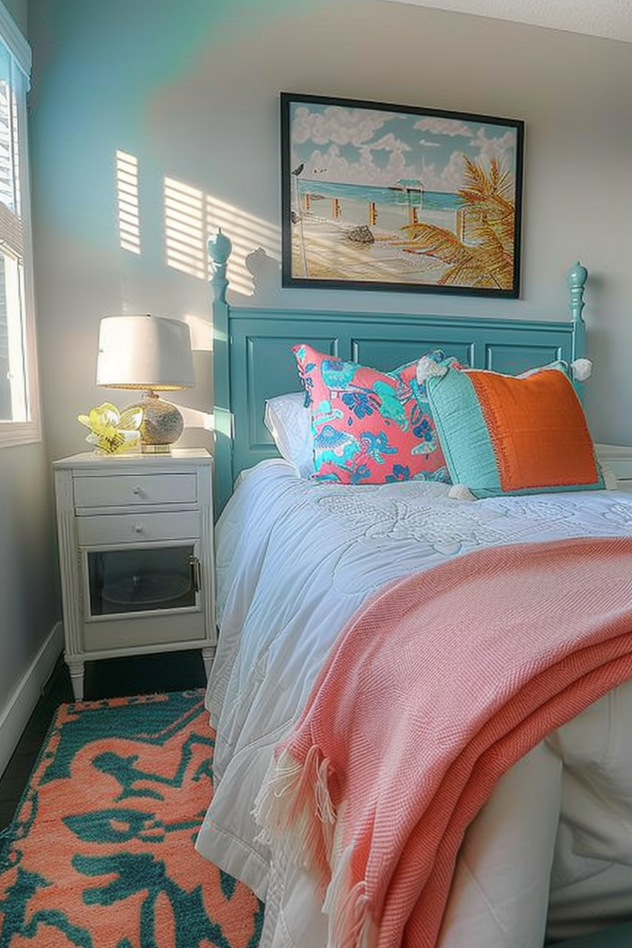 Bright coastal-themed bedroom with turquoise headboard, colorful pillows, framed beach artwork, and sunlight streaming through blinds.