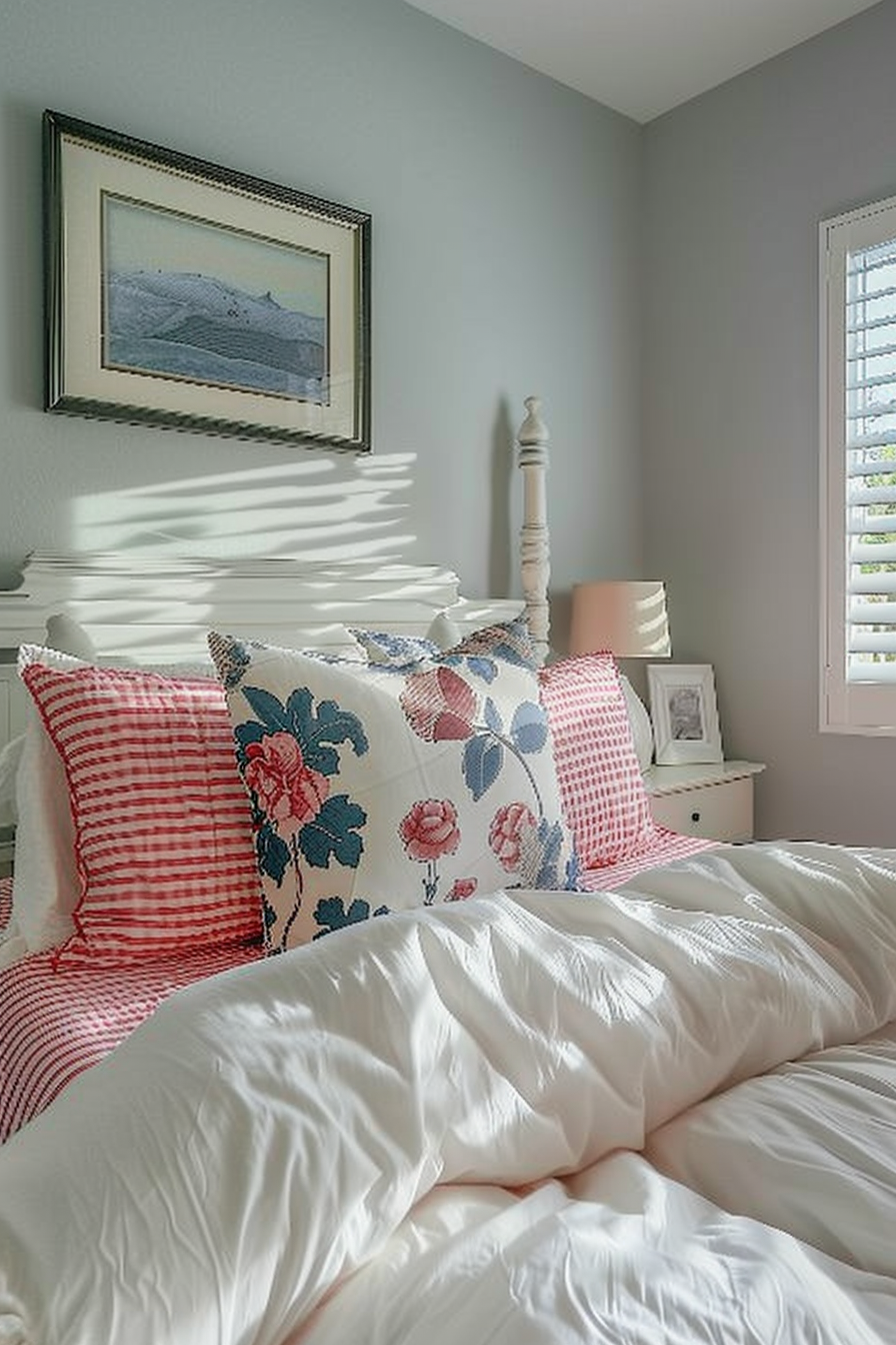 A cozy bedroom corner with a white bed, decorative floral and striped pillows, framed artwork, and a window with shutters.