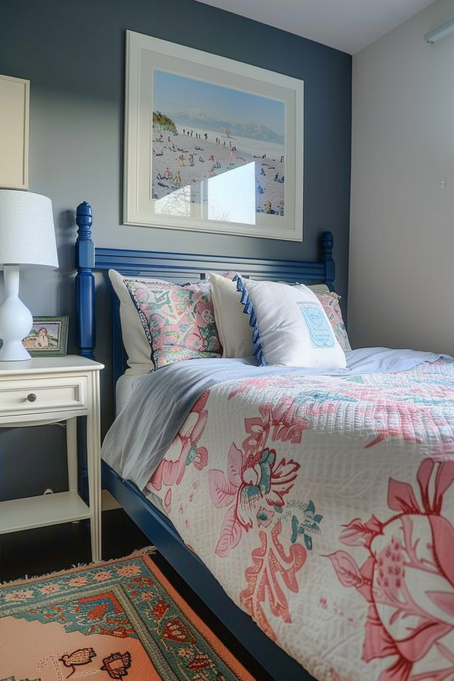 A cozy bedroom with a blue bed frame, floral bedding, a white lamp on a nightstand, a framed picture above the bed, and a colorful rug.
