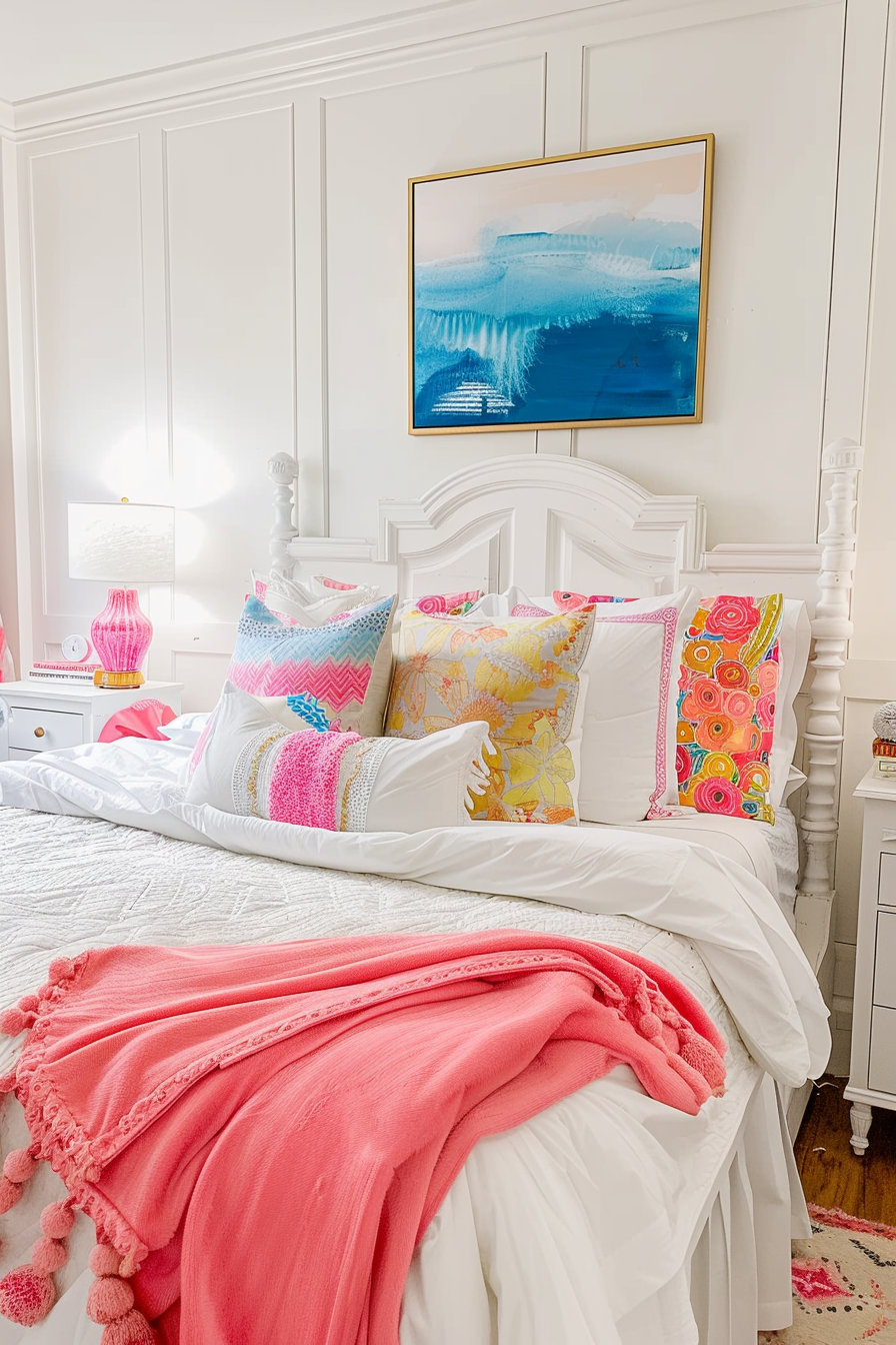 Brightly decorated bedroom with a white bed covered in colorful pillows, pink throw blanket, and abstract blue wall art.