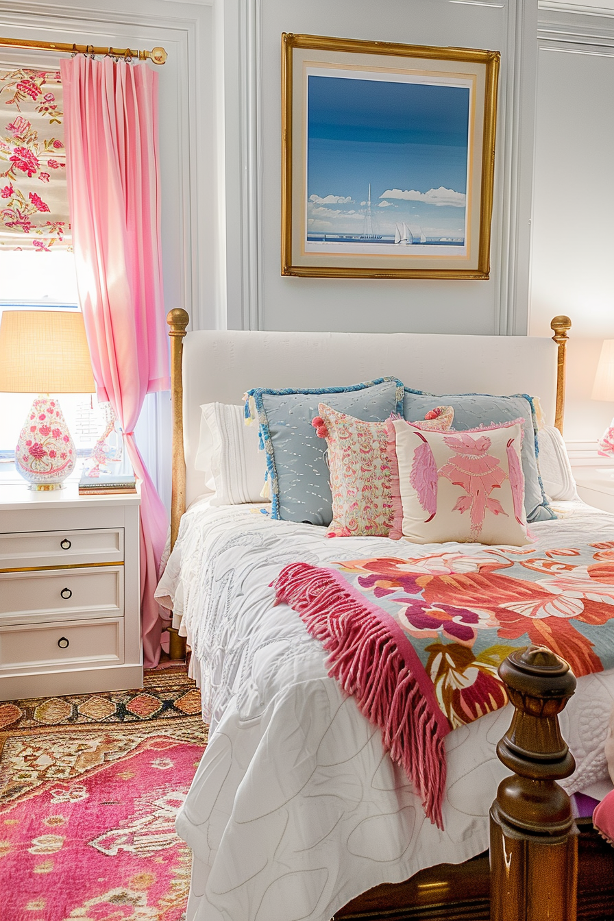 A cozy bedroom with a white bed, colorful pillows, pink curtains, a framed seascape, and a patterned rug.