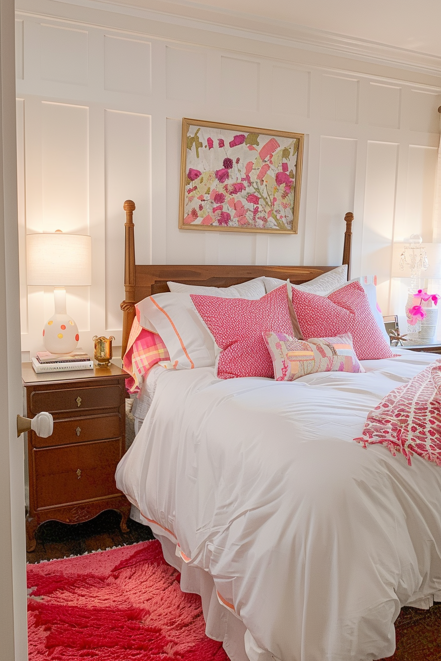 Cozy bedroom with a wooden bed, white bedding, pink accent pillows, a floral artwork above, and warm lighting from table lamps.