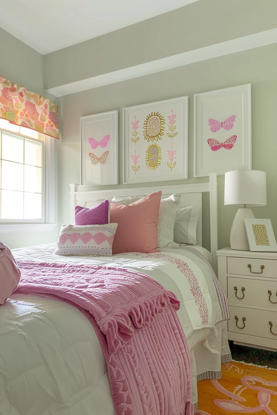 A cozy bedroom with pink and white bedding, butterfly and sunflower wall art, and pastel color scheme.
