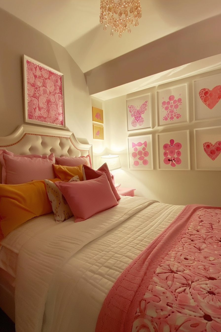 Cozy bedroom with a white and pink theme, adorned with floral and butterfly artwork, and a pink chandelier.