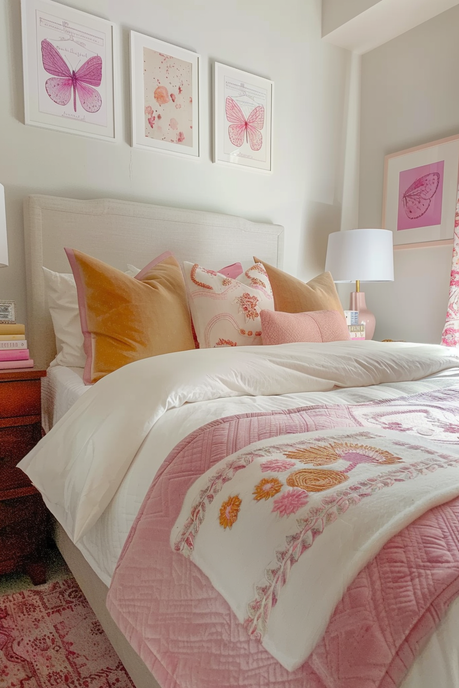 Cozy bedroom with a neatly made bed, pink and orange pillows, butterfly artworks on the wall, and a patterned pink quilt.